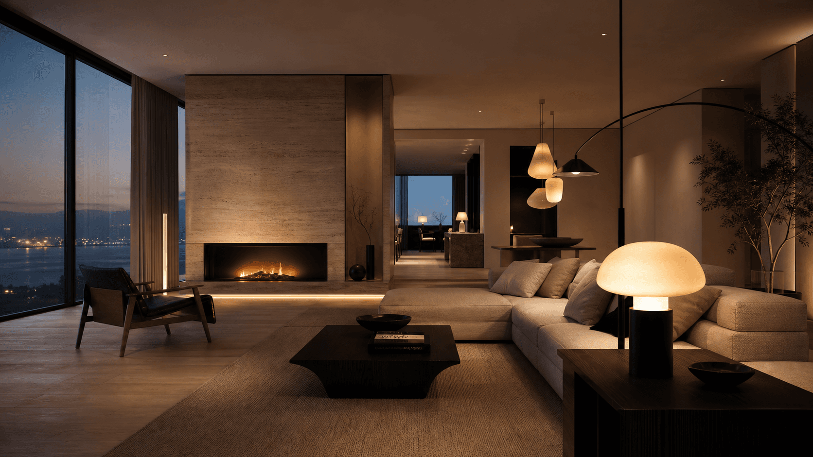 Warm Scandinavian luxury living room with layered ambient lighting